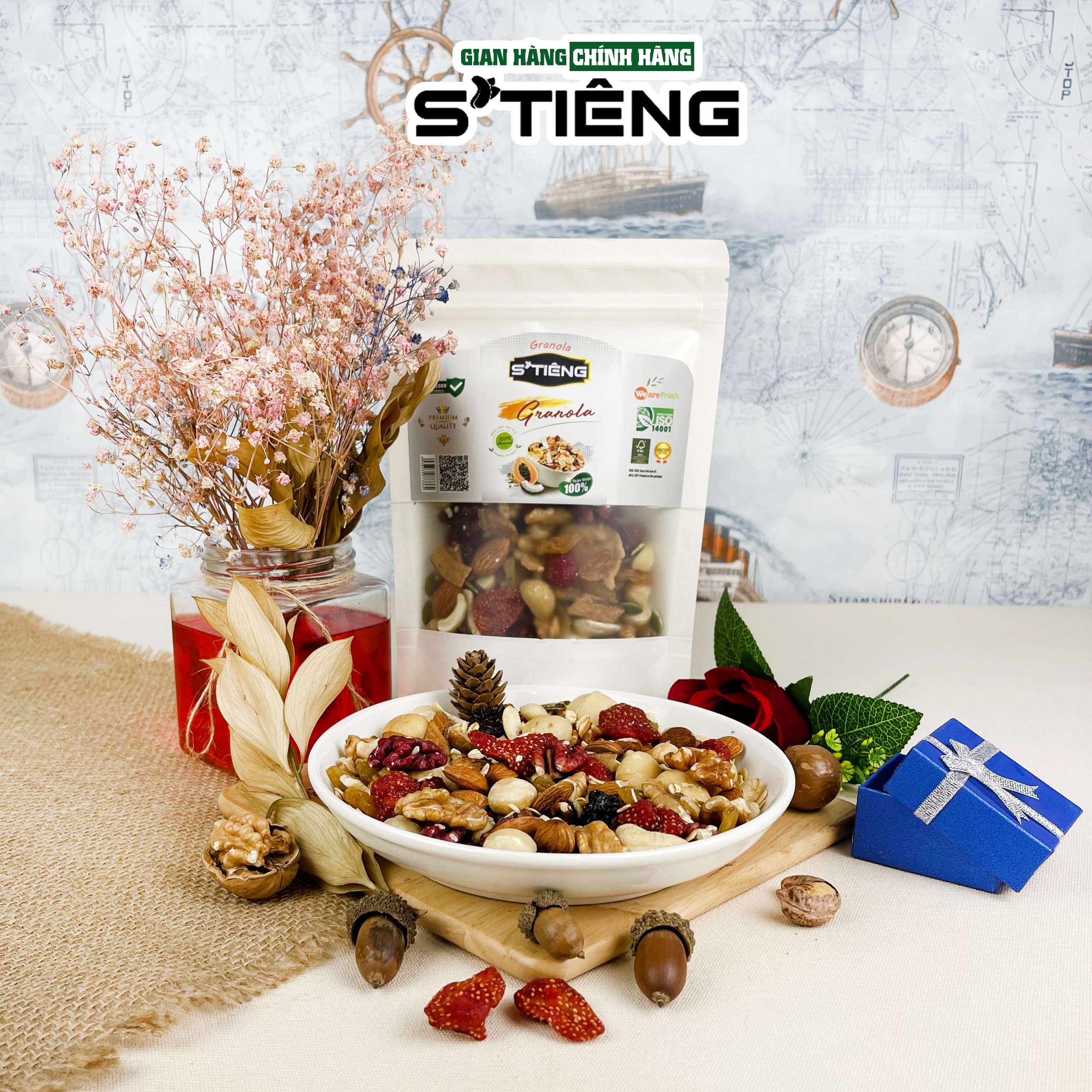 Granola Siêu Hạt &amp; Quả Sấy STIENG, Hạt Dinh Dưỡng Ngủ Cốc Ăn Kiêng Giảm Cân, Hạt Óc Chó, Hạt Macca, Hạt Điều, Hạt Hạnh Nhân, Hạt Bí. Nho Khô