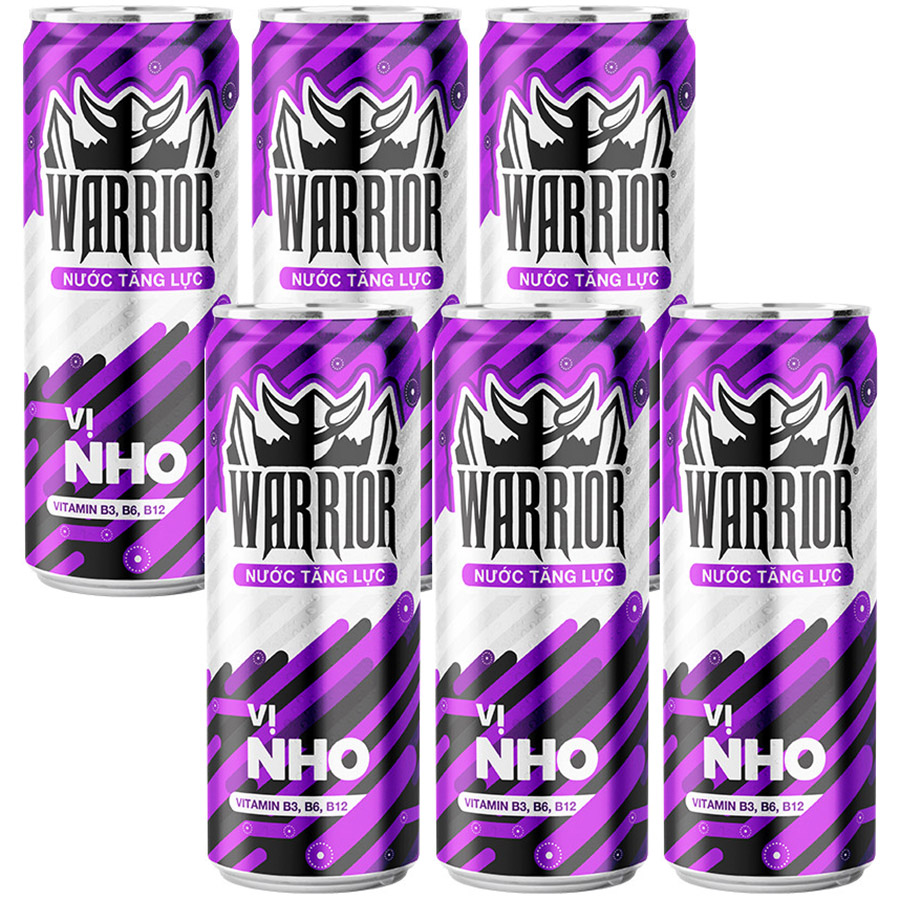 Lốc 6 Lon Nước Tăng Lực Có Gas Warrior Vị Nho 325ml