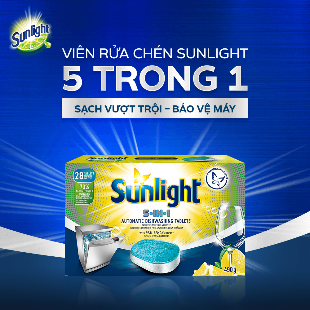 Combo 6 Hộp Viên Rửa Chén Bát (28V/hộp) Sunlight 5 in 1 Cho máy rửa chén bát Công nghệ PureClean không để lại vêt ố