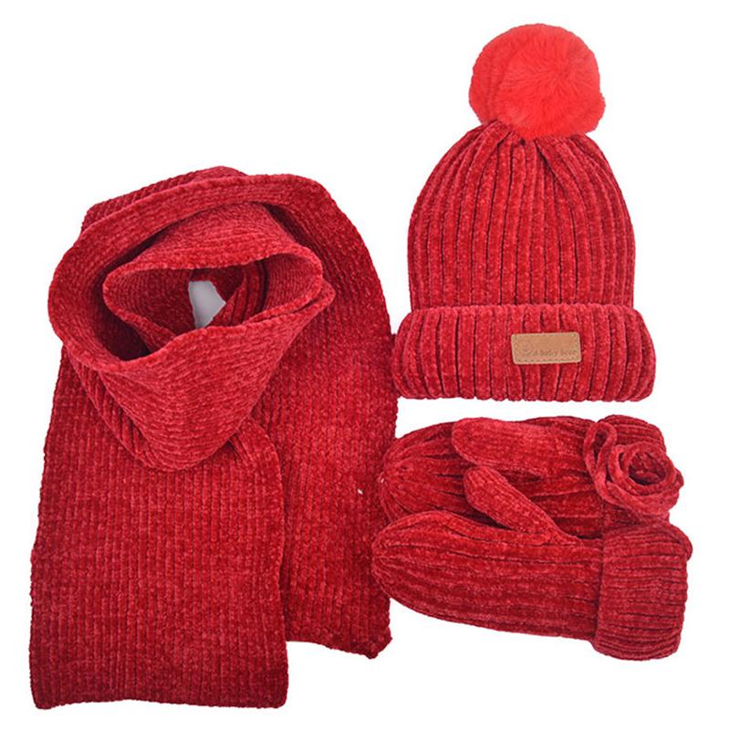 3 Mảnh Dệt Kim Nón Khăn Găng Tay Bộ Trẻ Em Nón PomPon Thu Đông Ấm Mitten Bé Trai Nắp Bò Thời Trang Bộ trẻ Em Mũ Lưỡi Trai
