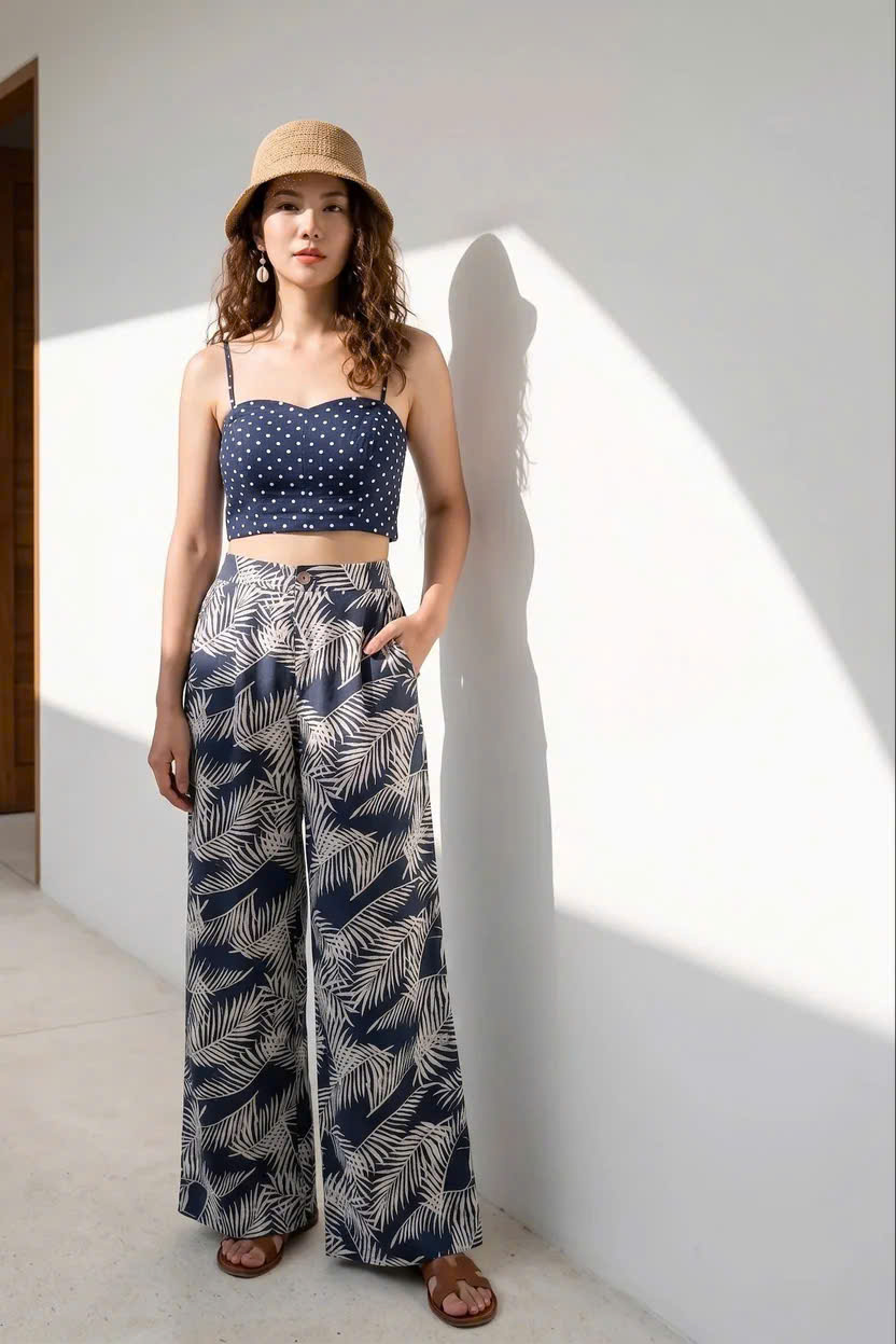 Quần Ống Rộng Linen Lá Cọ Xanh Navy Pan055 Thời trang Hity