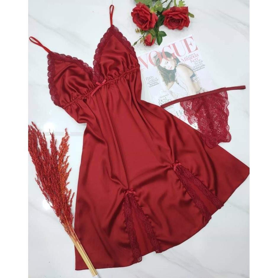 Váy ngủ lụa cao cấp xẻ tà sexy tặng kèm quần chíp ren xinh xắn gợi cảm
