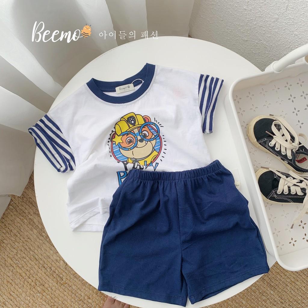 Set áo phông quần ngố bé trai họa tiết phối tay kẻ phong cách Hàn Quốc size 9-23kg