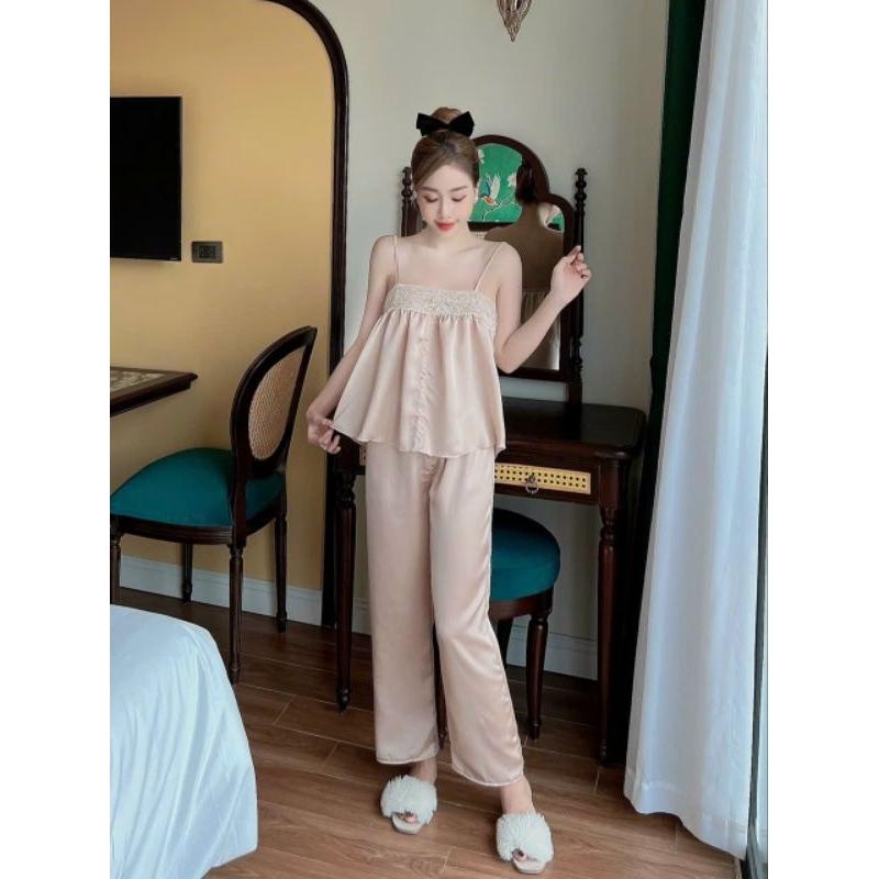 Set dài áo 2 dây phối ren mặc nhà , siêu xinh , siêu kute Annshop M0013