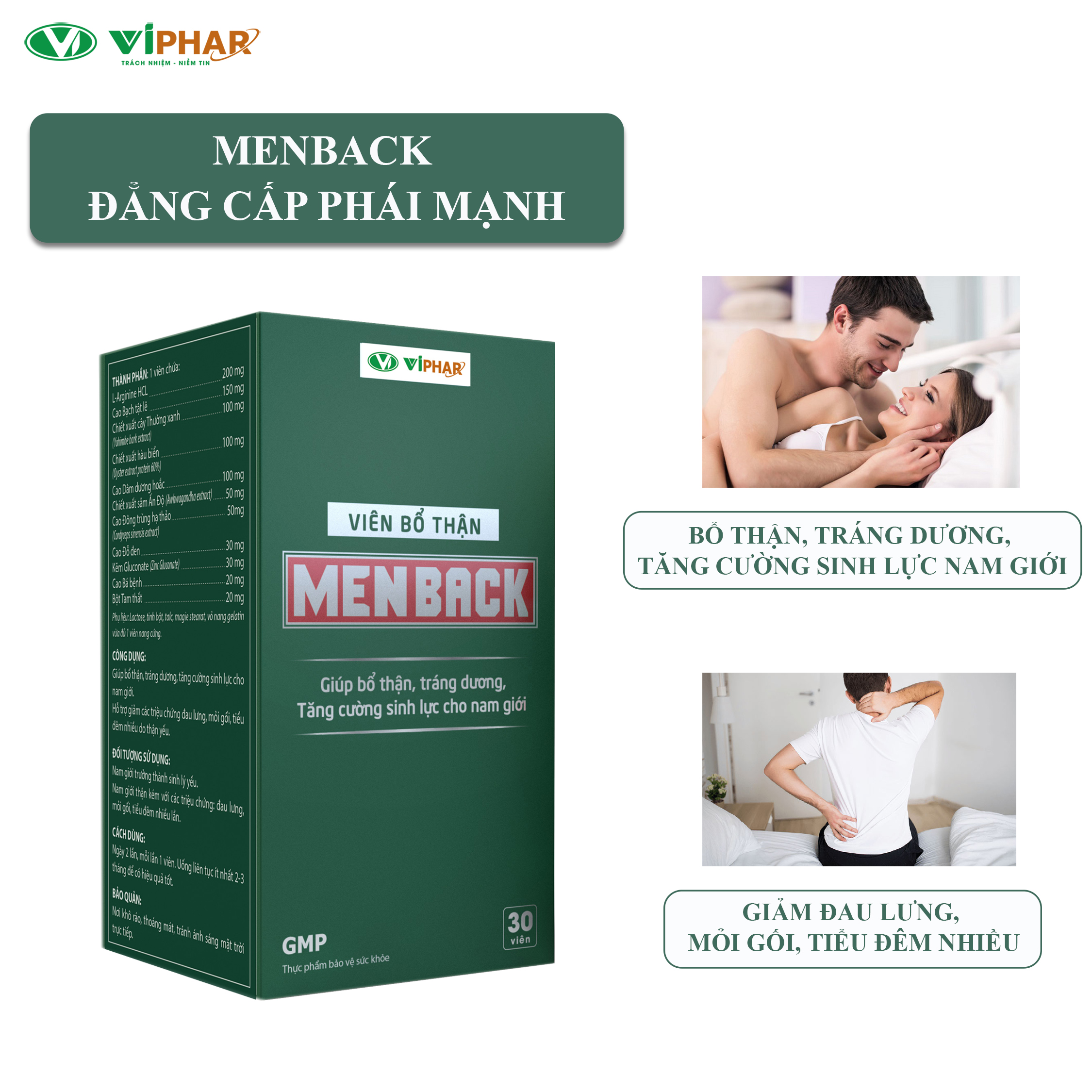 Viên Bổ Thận MENBACK VIPHAR Giúp Bổ Thận, Tráng Dương, Tăng Cường Sinh Lực Nam Giới, Hộp 30 Viên