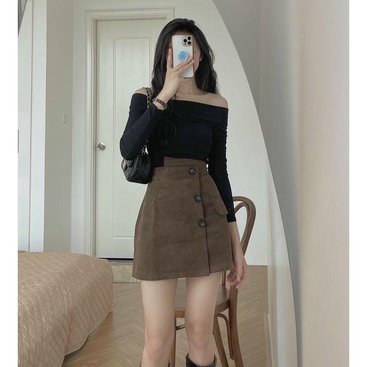 Chân váy nhung cạp cao 3 cúc lệc vạt