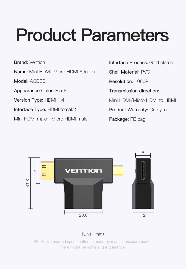 Đầu chuyển đổi Mini HDMI + Micro HDMI to HDMI Vention AGDB0 - Hàng Chính Hãng