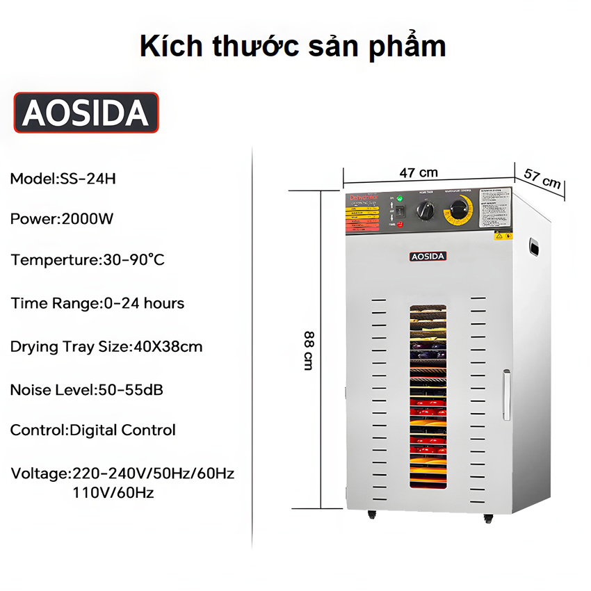 Máy sấy thực phẩm công nghiệp thương hiệu cao cấp AOSIDA SS-24H 24 khay - Dung tích 215L - Hàng nhập khẩu