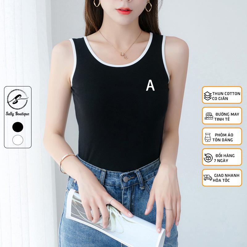 Áo Thun 3 Lỗ Nữ Phối Viền Màu In Chữ A, Áo Mặc Nhà,Tập Thể Dục Thun Cotton Pha, Co Giãn Tốt Sally Boutique-3L06