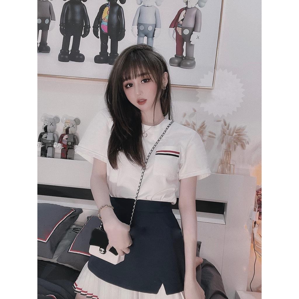 Set Áo Thun Phối Sọc Kèm Chân Váy Navy Phối Lai Xếp Ly - Vải Thun Dẻo - Màu Trắng - Dành Cho Nàng Đi Chơi,Dạo Phố