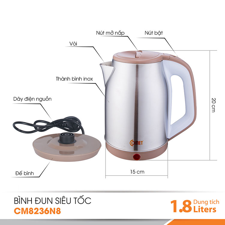 Bình đun siêu tốc Comet 1.8L CM8236N8 -Hàng chính hãng