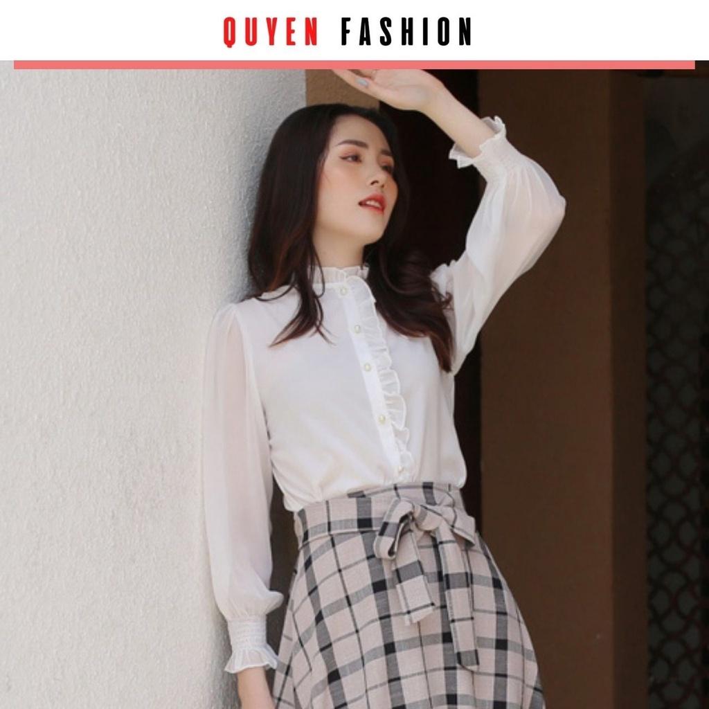 Áo sơ mi trắng tay phồng tiểu thư thời trang công sở nữ tay bo chun, cổ kẹp ren xinh xắn quyên fashion