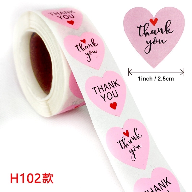 Cuộn 500 tem sticker thank you trang trí tim hồng