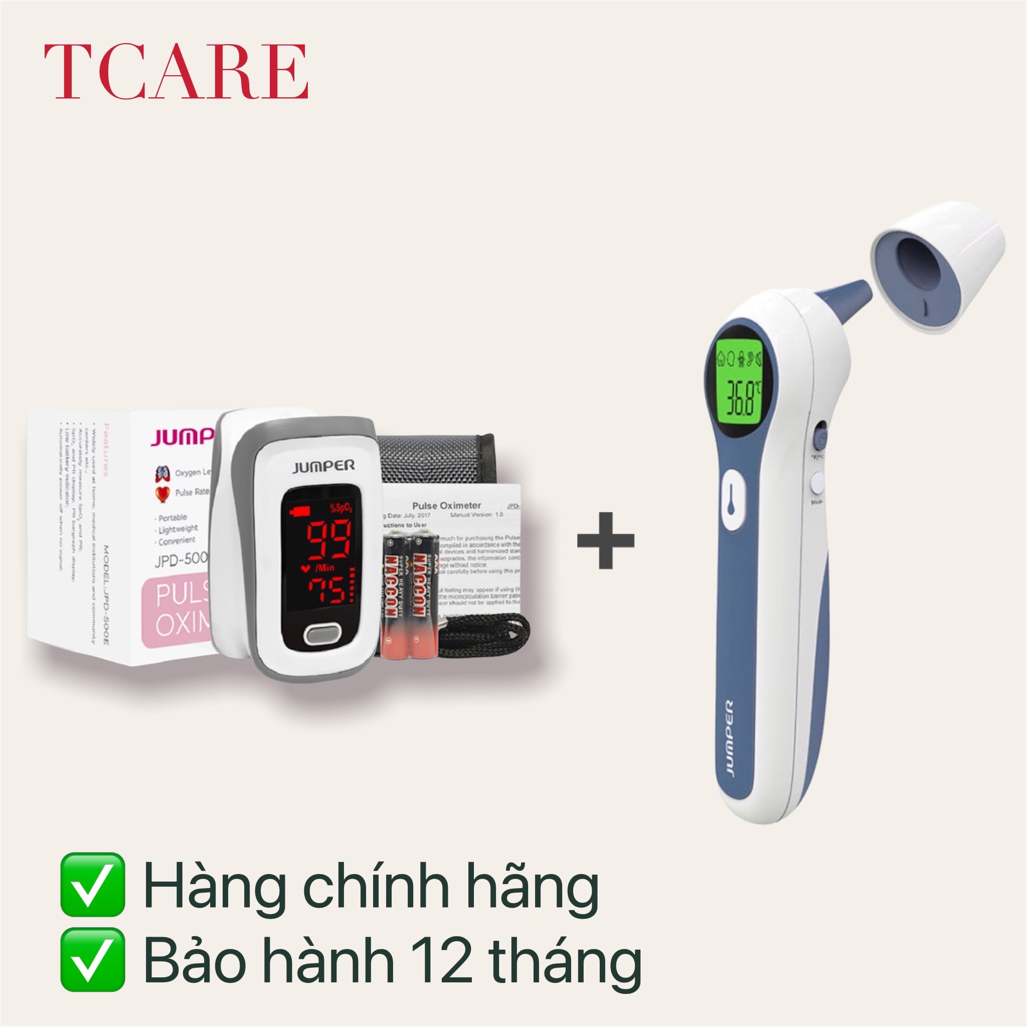 Combo máy đo nồng độ oxy trong máu SPO2 và nhịp tim JPD-500E và Nhiệt kế hồng ngoại không tiếp xúc Jumper JPD-FR202