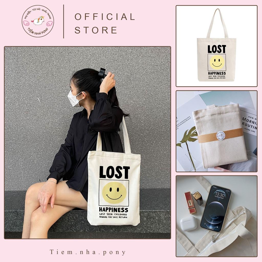 Túi tote vải mộc Tiệm nhà Pony dây kéo in hình Lost happiness PM47