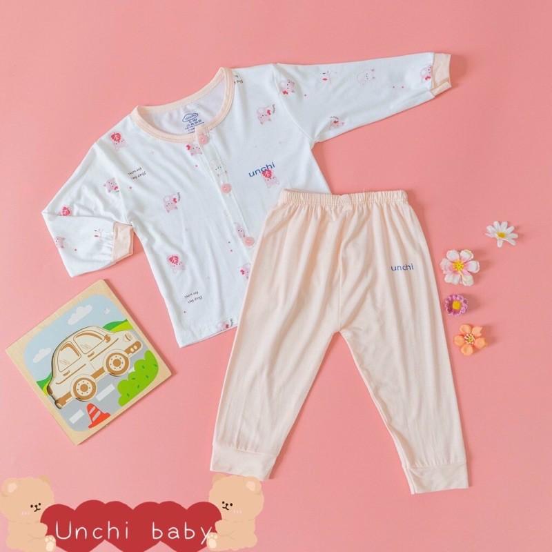 Bộ dài tay khuy giữa Minky chất vải peptit siêu mềm mịn cho bé trai/bé gái- Bộ dài tay Unchi peptit