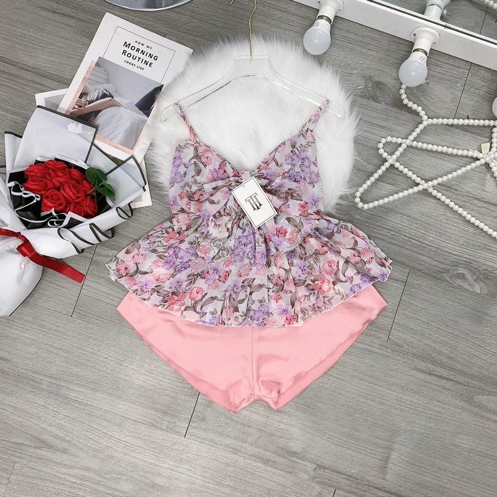 SET BỘ ĐỒ NGỦ ÁO VOAN 2 DÂY MIX QUẦN ĐÙI CỰC SEXY CHO CÁC NÀNG IU - Gold