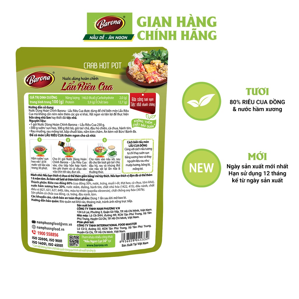 Combo 3 gói Nước dùng Lẩu Riêu Cua Barona 230g tươi ngon chuẩn vị không cần nêm nếm