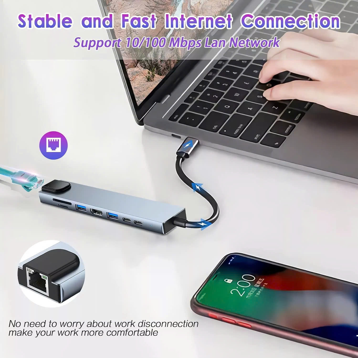Bộ Chuyển Đổi Hub USB C Hub 8 Trong 1 Type C 3.1 Sang 4K RJ45 Đọc Thẻ SD / TF Cho MacBook Notebook Laptop Máy Tính - Hàng Nhập Khẩu