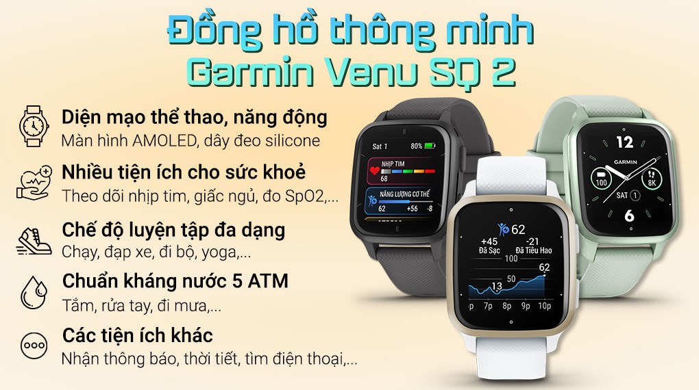 Đồng hồ thông minh theo dõi vận động, theo dõi sức khỏe Garmin Venu SQ 2/Venu SQ 2 Music (Mới, hàng chính hãng)