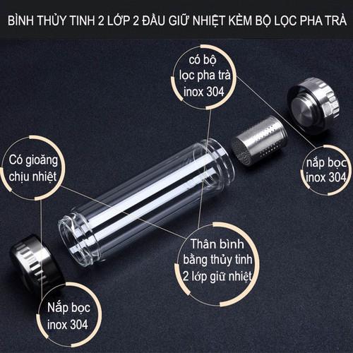 Bình thủy tinh 2 lớp 2 đầu kèm bộ lọc pha trà inox 304-420ml (nắp có gân chống trơn)