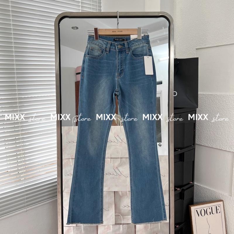 Quần jean nữ ống loe lai tua lưng cao chất co giãn mềm mịn phom dài 93cm tôn dáng