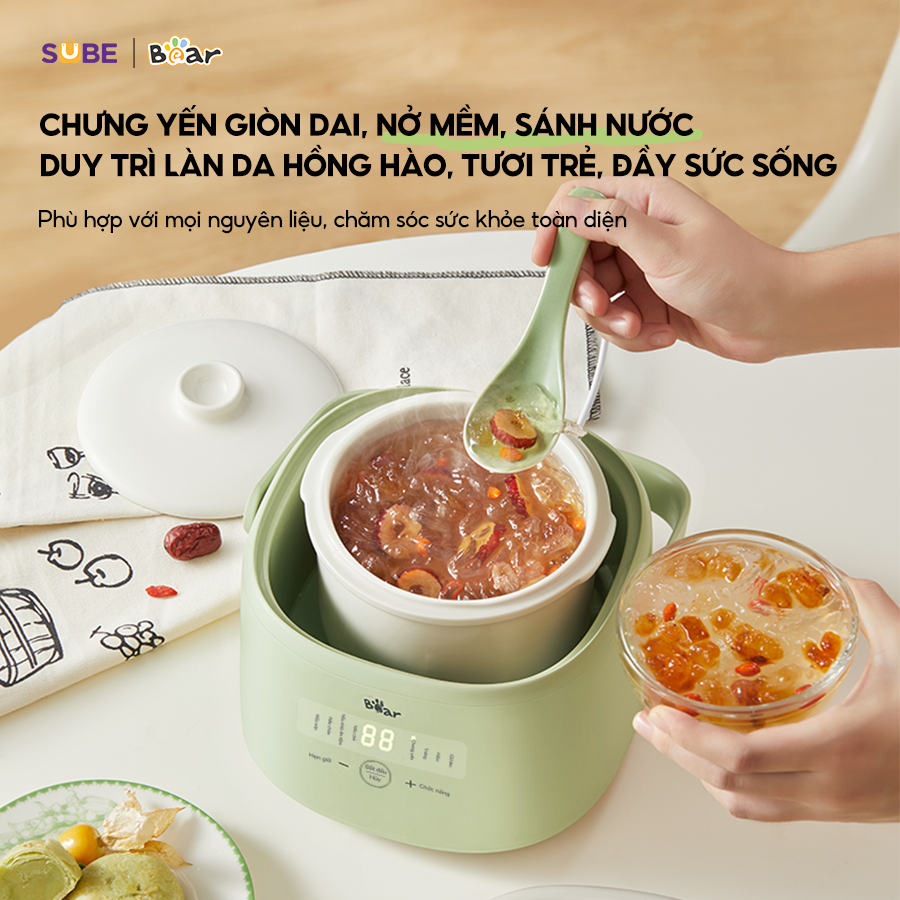 Nồi Nấu Chậm Bear 1L Chính Hãng 8 Chế Độ Nấu Hầm Chưng Yến Tiết Kiệm Thời Gian Giữ Trọn Dinh Dưỡng SB-NNC10 - Hàng Chính Hãng
