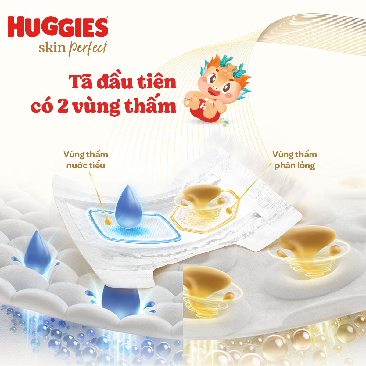 Tã quần Huggies Skin Perfect phiên bản Rồng giới hạn Super Jumbo L60+6 miếng với 2 vùng thấm giảm kích ứng da