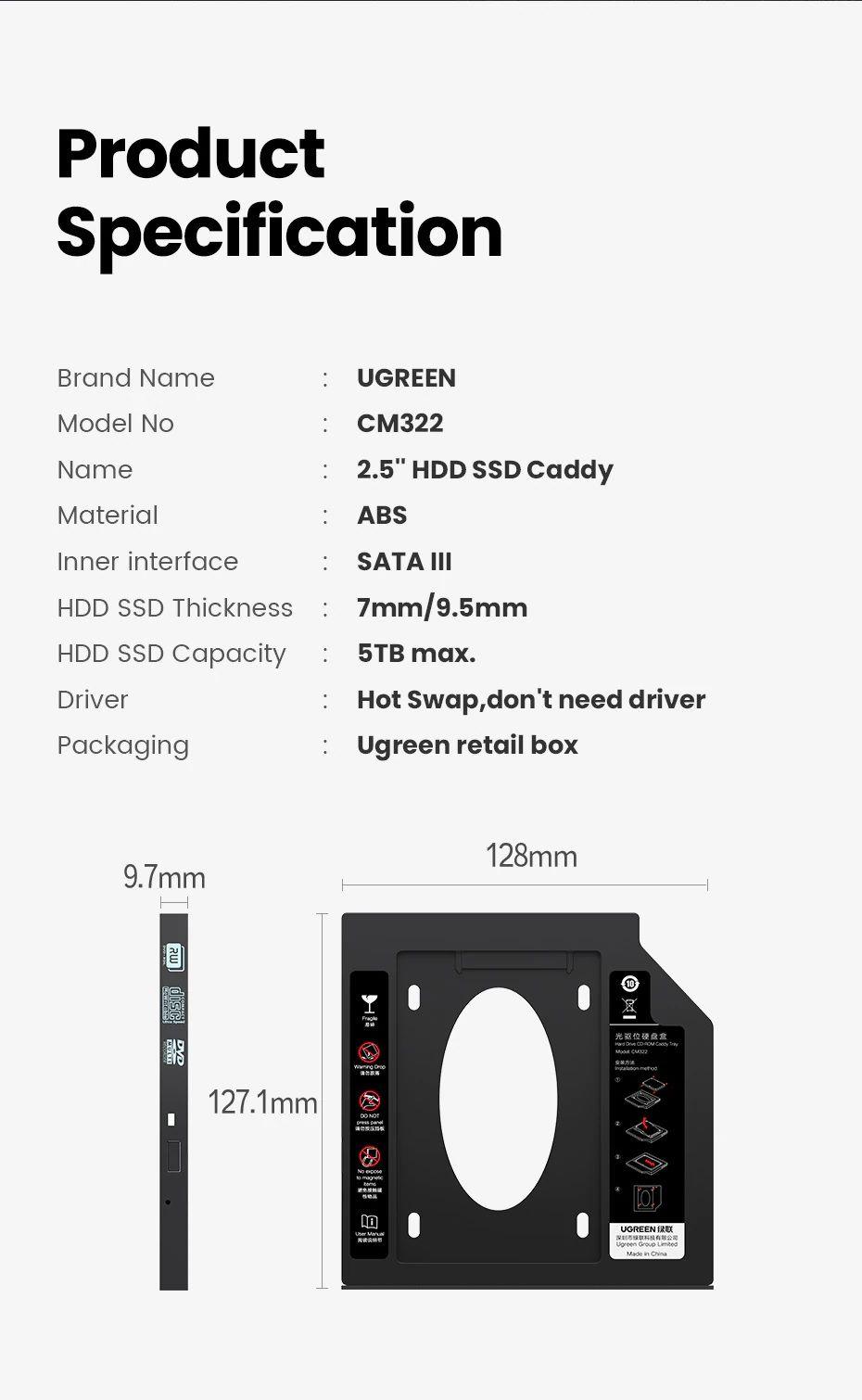 Ugreen UG70657CM322TK 9.5mm caddy bay khay đựng ổ cứng và ssd 2.5inch sata mỏng gắn vào khe cd - dvd của laptop - HÀNG CHÍNH HÃNG