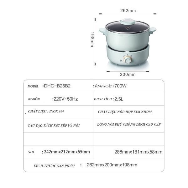 Nồi Nấu Lẩu Điện Mini 3 Tầng Đa Năng Bear DHG-B25V1 (Bản Quốc Tế)(2.5L) (Kèm Lồng Hấp), nấu , hấp, lẩu, Chiên, Xào hầm ) - Hàng chính hãng