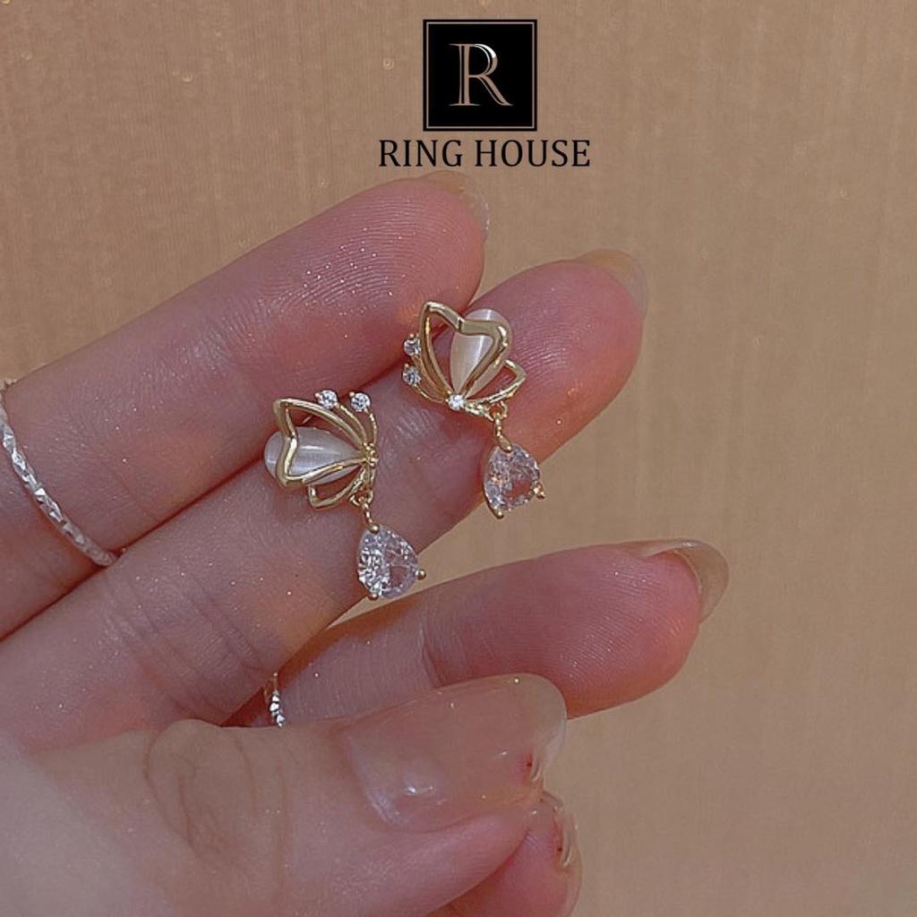 E42 khuyên tai bông tai nữ cánh bướm đá mắt mèo sáng đẹp Ring House