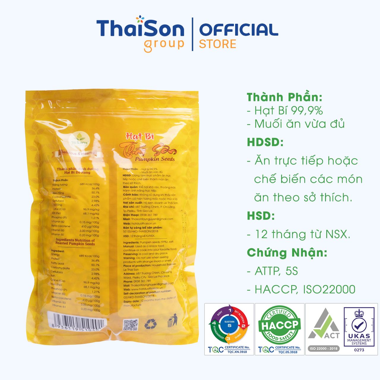 Hạt bí Thái Sơn rang muối bì zipper 500g