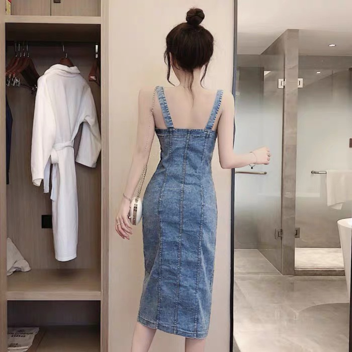 Yếm váy jean form dài có nắp NL199 – yếm bò ulzzang phong cách Hàn Quốc, Đầm jean yếm 2 dây