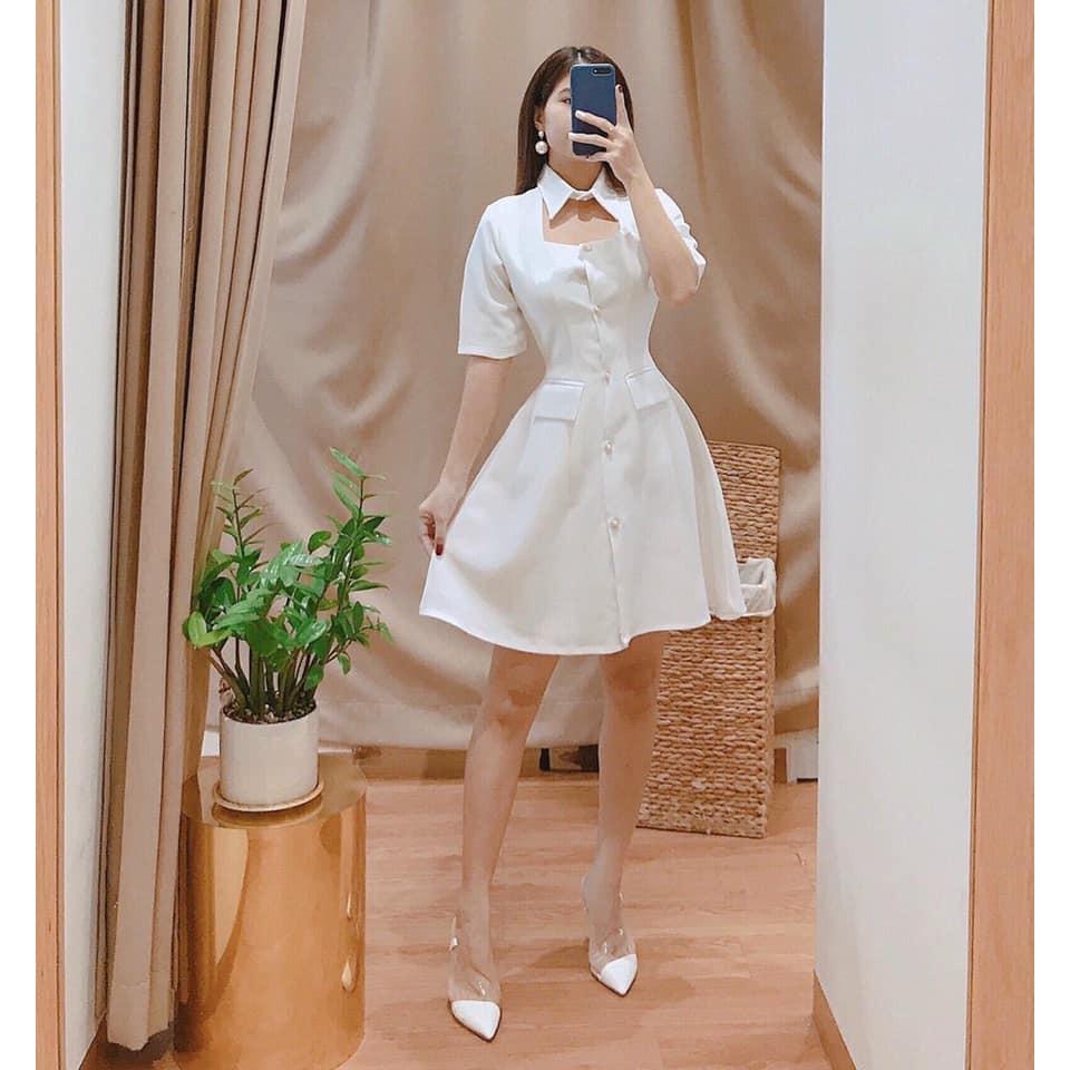 ĐẦM TRẮNG MG CỔ SƠ MI PHỐI NÚT DÁNG XÒE