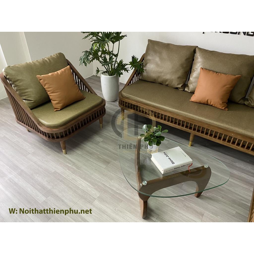 Sofa phòng khách Dedar KBH gỗ tần bì màu nâu walnut bọc da kèm bàn Noguchi