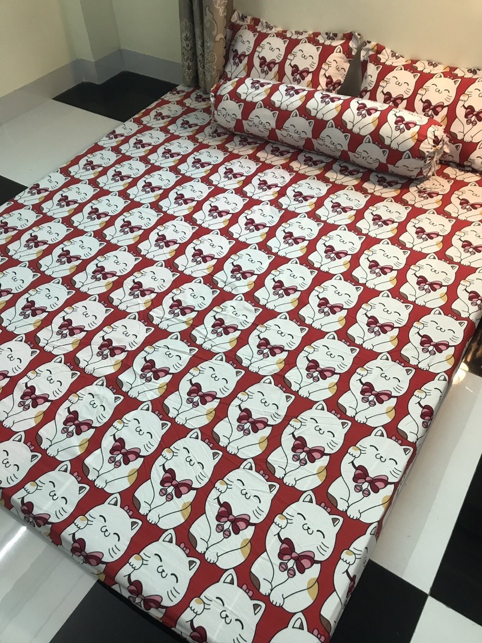 Set 5 món chăn hè ga chun Cotton Poly - Mèo Đỏ - Tặng kèm 1 móc khóa Houston