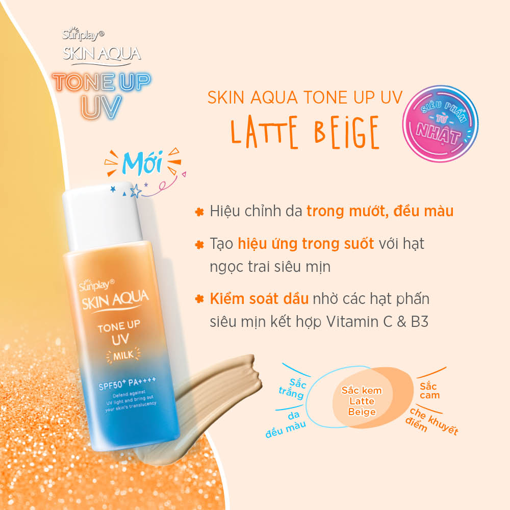 Sữa chống nắng nâng tông dành cho da dầu/ hỗn hợp Sunplay Skin Aqua Tone Up UV Milk (Latte Beige) (hiệu chỉnh da trong mướt, đều màu) (50g)