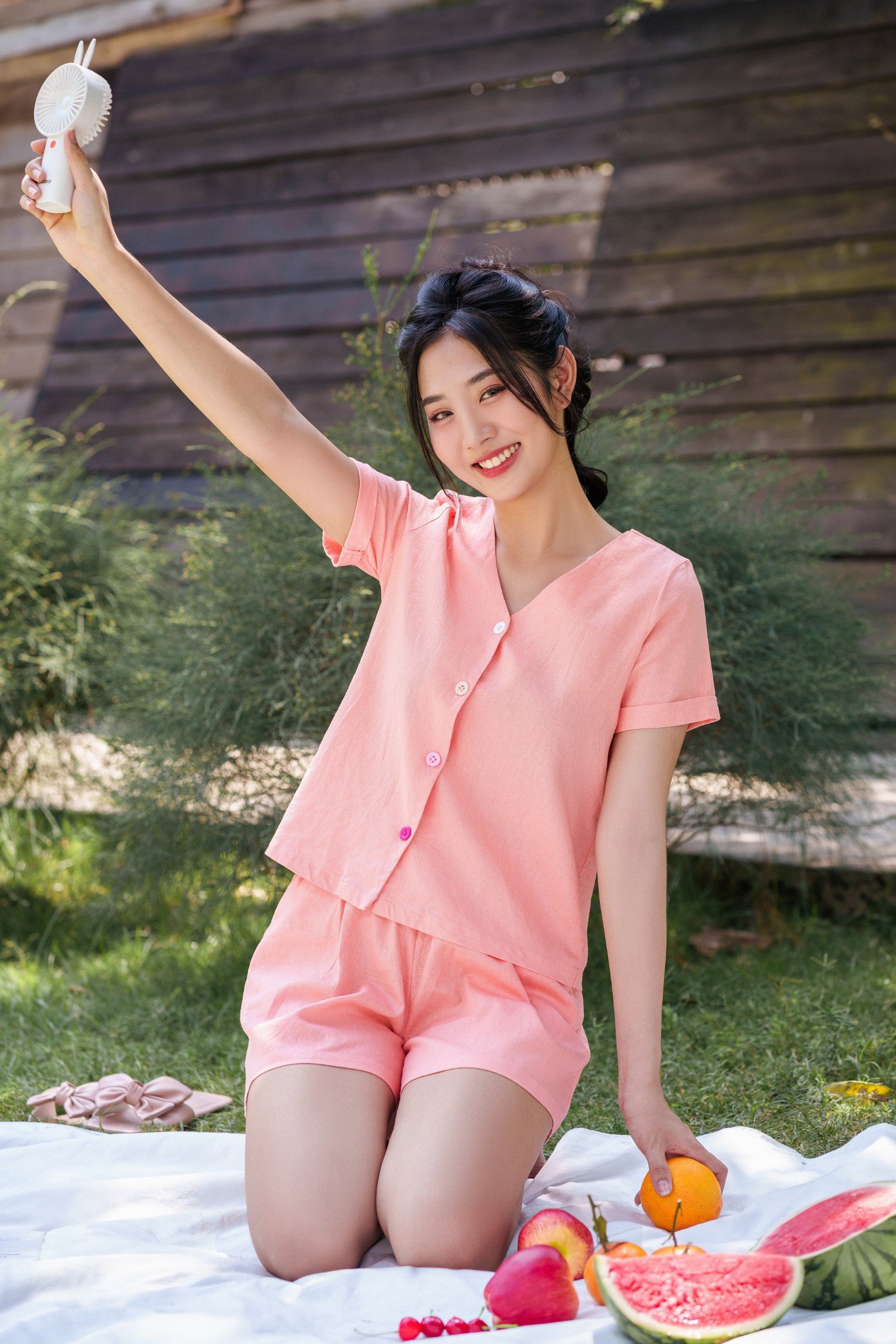 Đồ bộ đùi có tay nút nhiều màu hồng cam