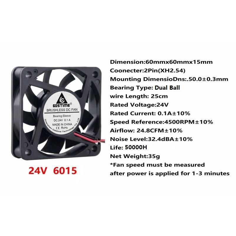 1 Piece Gdstime 6015 Two Ball DC 24V 60x60x15mm Machine Equitment PC CPU VGA Cooler Brushless Cooling Fan 6cm 60mm x 15mm 2Pin