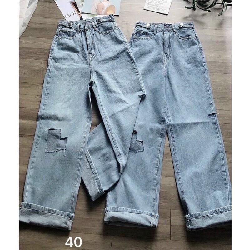 Quần baggy jeans rách gối ongs rộng lưng cao