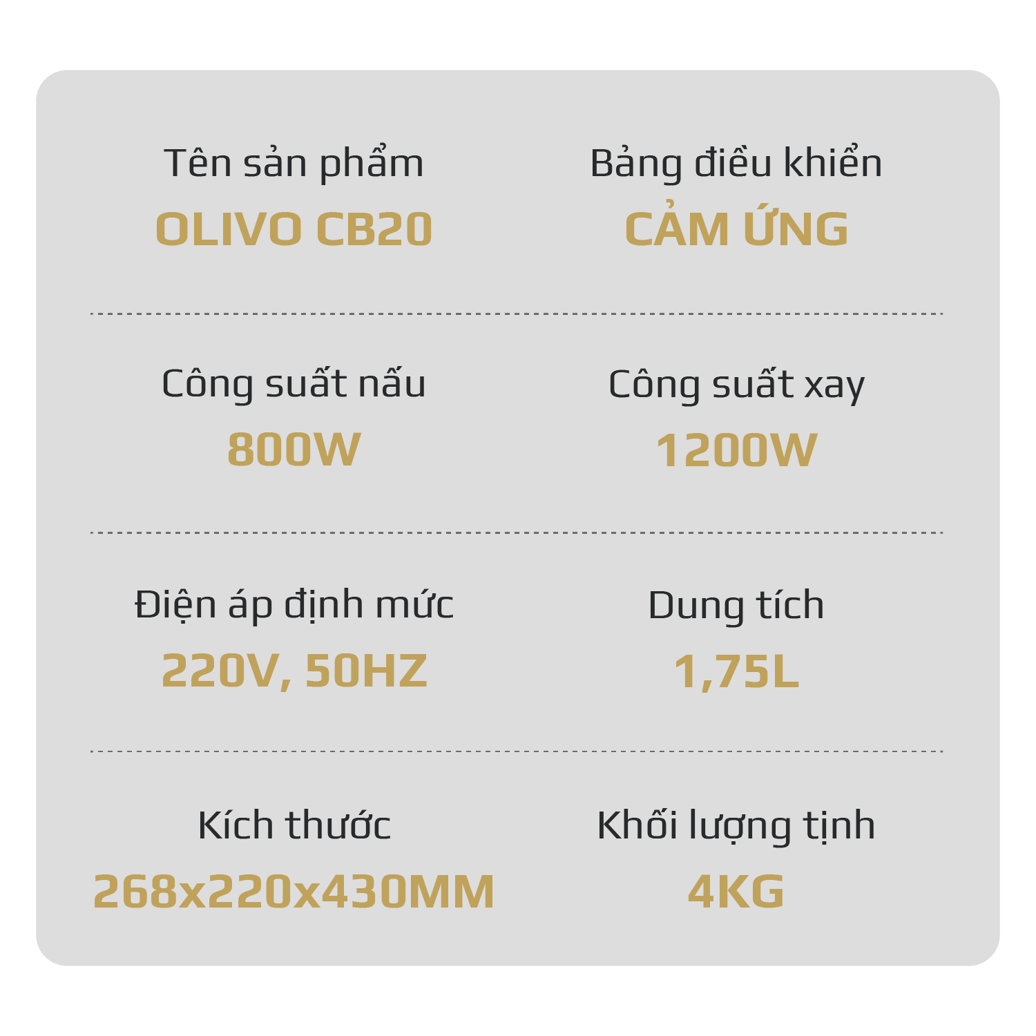 Máy Xay Nấu Đa Năng OLIVO CB20 - Độ Ồn Thấp Nhất - Chống Trào Tuyệt Đối - Vệ Sinh Khử Khuẩn - Chống Dính Gốm - Hàng Chính Hãng