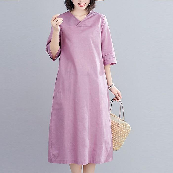 Đầm suông linen cổ tim chồng tay lỡ, thời trang hè thu - Tím nhạt