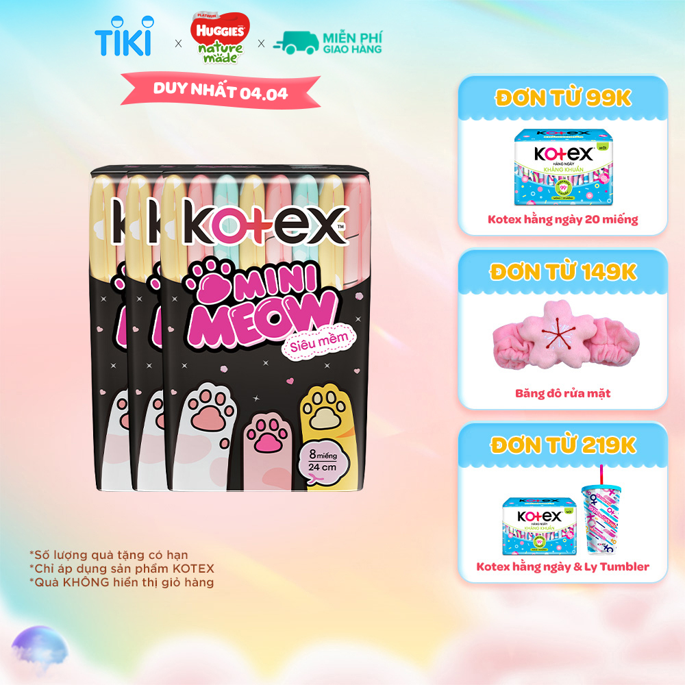 Combo 3 Băng vệ sinh Kotex MiniMeow Siêu mềm siêu mỏng cánh 8 miếng