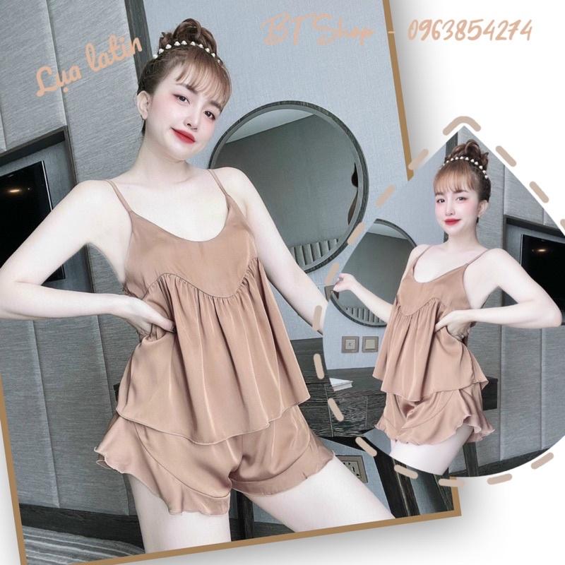 Đồ ngủ mặc nhà lụa latin 2 dây đùi trơn bèo freesize 42-57kg