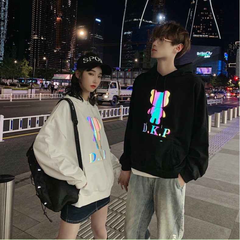 áo hodie gấu dkp phản quang 7 màu, Áo khoác Hoodie phản quang 7 màu DKP form dưới 70kg decan in xịn, Áo khoác nỉ phản quang gấu DKP unisex dáng rộng ulzzang quảng châu phong cách hàn quốc