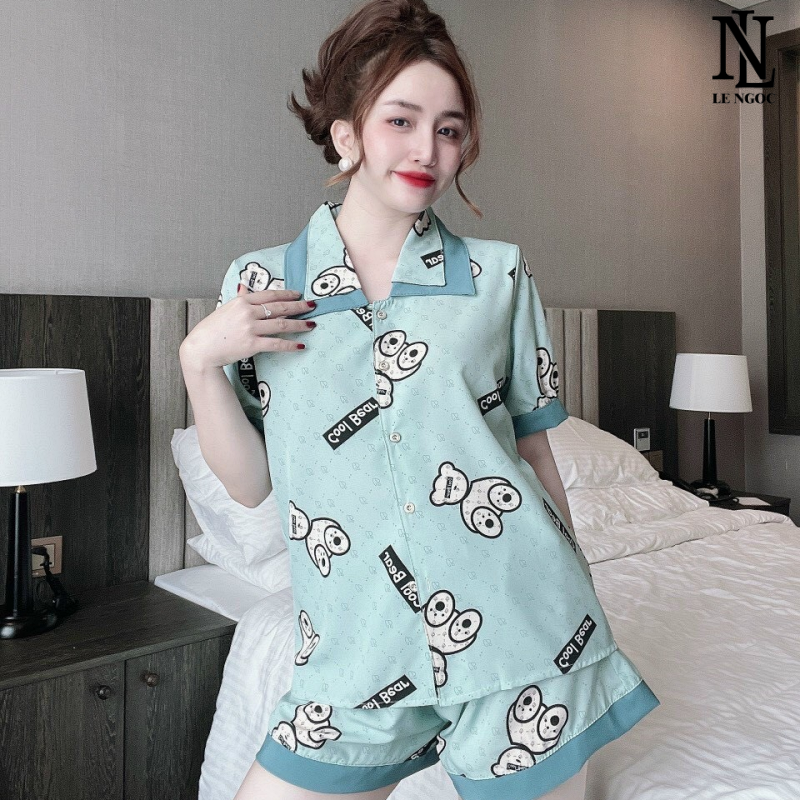 Bộ đồ mặc nhà nữ,  đồ pijama nữ cộc tay quần đùi chất liệu lụa 100D xịn xò, bộ đồ ngủ nữ pyjama họa tiết sang trọng CC10
