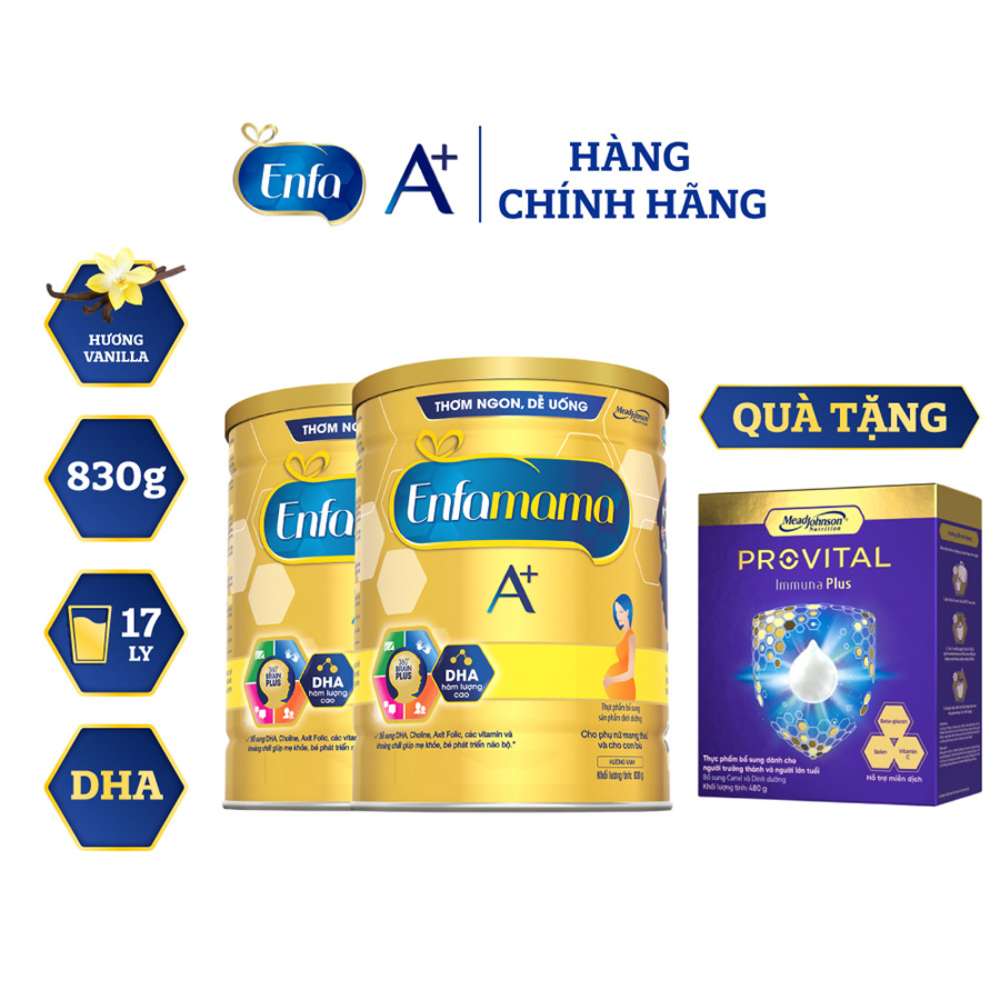 Bộ 2 lon Sữa bầu Enfamama 360° Brain Plus cho mẹ mang thai và cho con bú - Vị Vani- 830g -Tặng 1 hộp Provital 480g