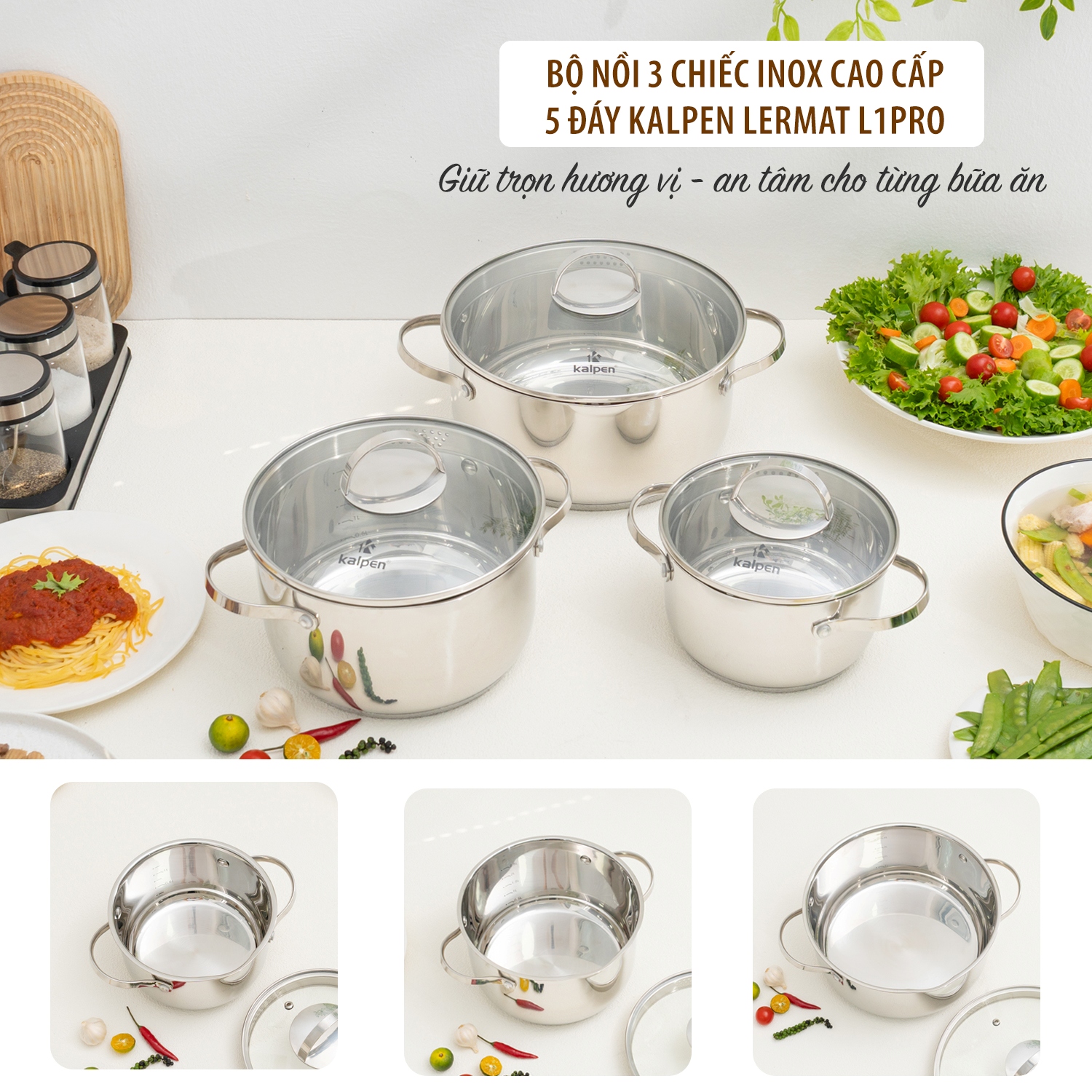 Bộ nồi inox 304 cao cấp 5 đáy Kalpen Lermat L1pro - Hàng chính hãng bảo hành 5 năm