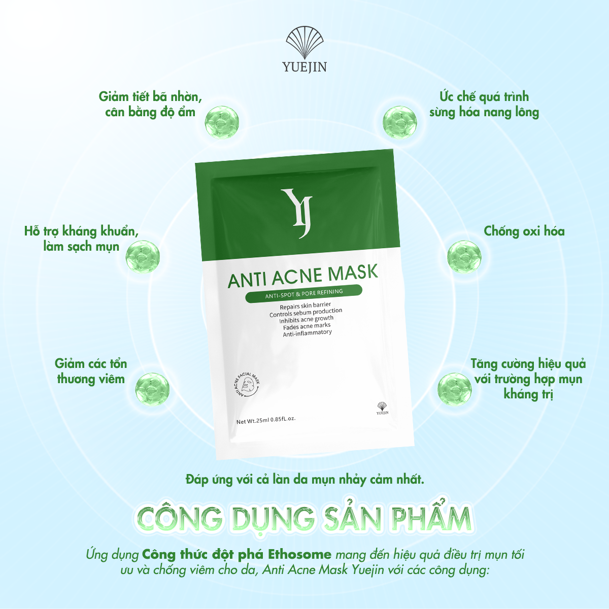Mặt nạ giảm mụn Anti Acne Mask Yuejin, kháng viêm, giảm sưng, giảm mụn hiệu quả (Lẻ 1 miếng)