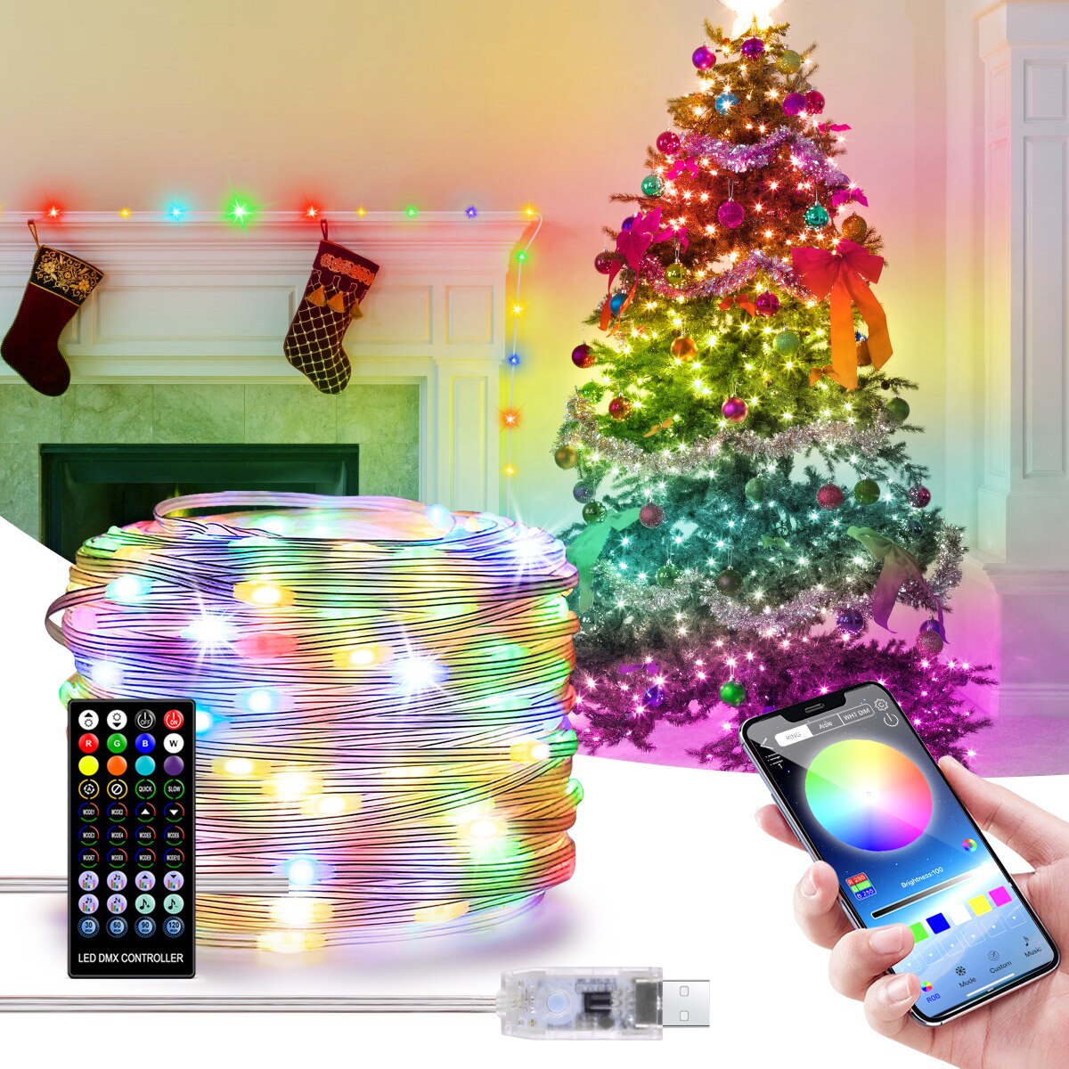 [HOT] 10M Dây đèn RGB 5V chân USB trang trí nháy theo nhạc, chống nước chỉnh app điện thoại